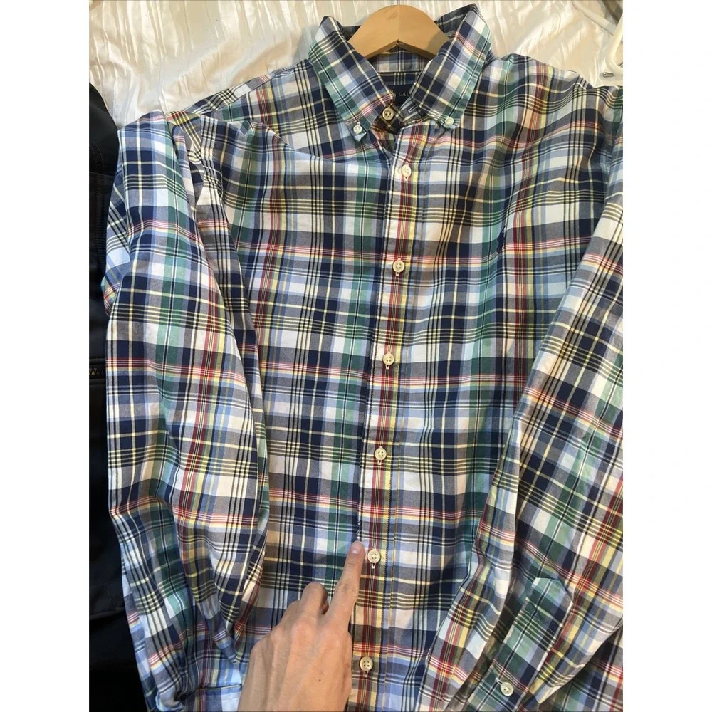 POLO RALPH LAUREN BUTTON‎ UP SHIRT Men's Large BLUE YELLOW CHECK Plaid CLASSIC